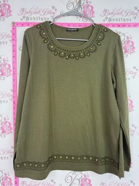 Elisa immagine top long sleeve beaded Embellished Olive Long Sleeve Tee by